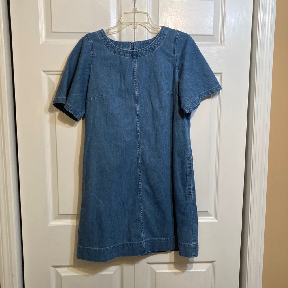 J.CREW Blue Denim Jean Shift Dress Size 8 Pockets Short Sleeve J